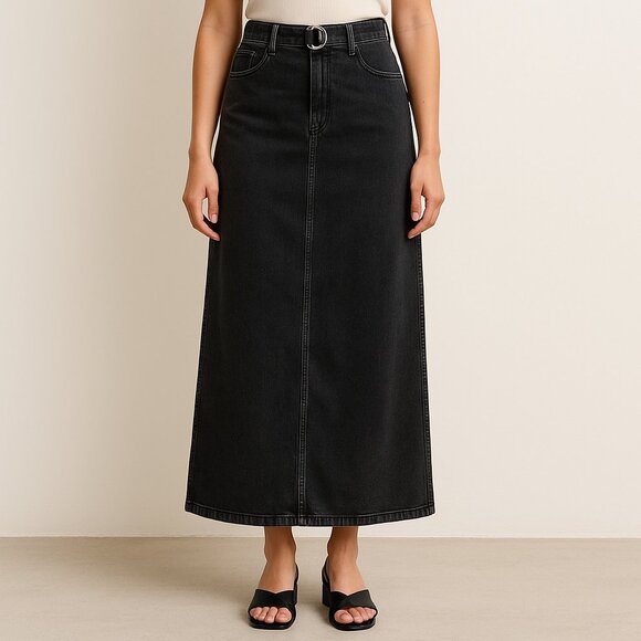 Kenneth Cole Black Denim Belted High Rise Size 10 NWT Maxi Skirt - Picture 1 of 9